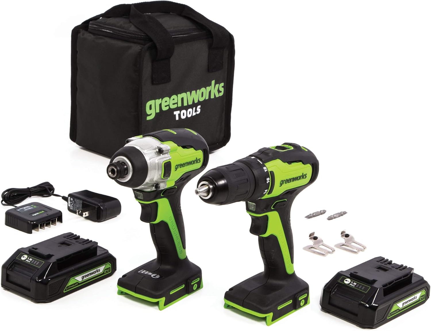 Greenworks 24V Brushless Drill / Driver + Impact Driver, 2 Batteries and Charger Included CK24L1520
