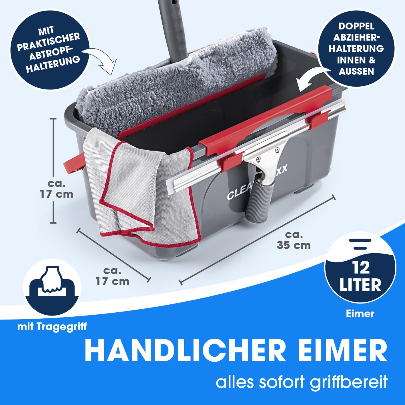 CLEANmaxx Fensterreiniger Set | 7-TLG. Fensterputzer Set für Oberflächen in Haus & Auto - inklusive Fensterabzieher, Fensterwischer, Reiniger, Wischtuch, Eimer und Halterungen für Wischer & Abzieher 5