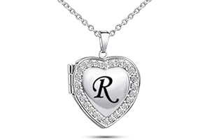 KunBead Letter Initial Love Heart Photo Locket Pendant Necklace that Holds Pictures Custom Personalized Jewelry Crystal Locke
