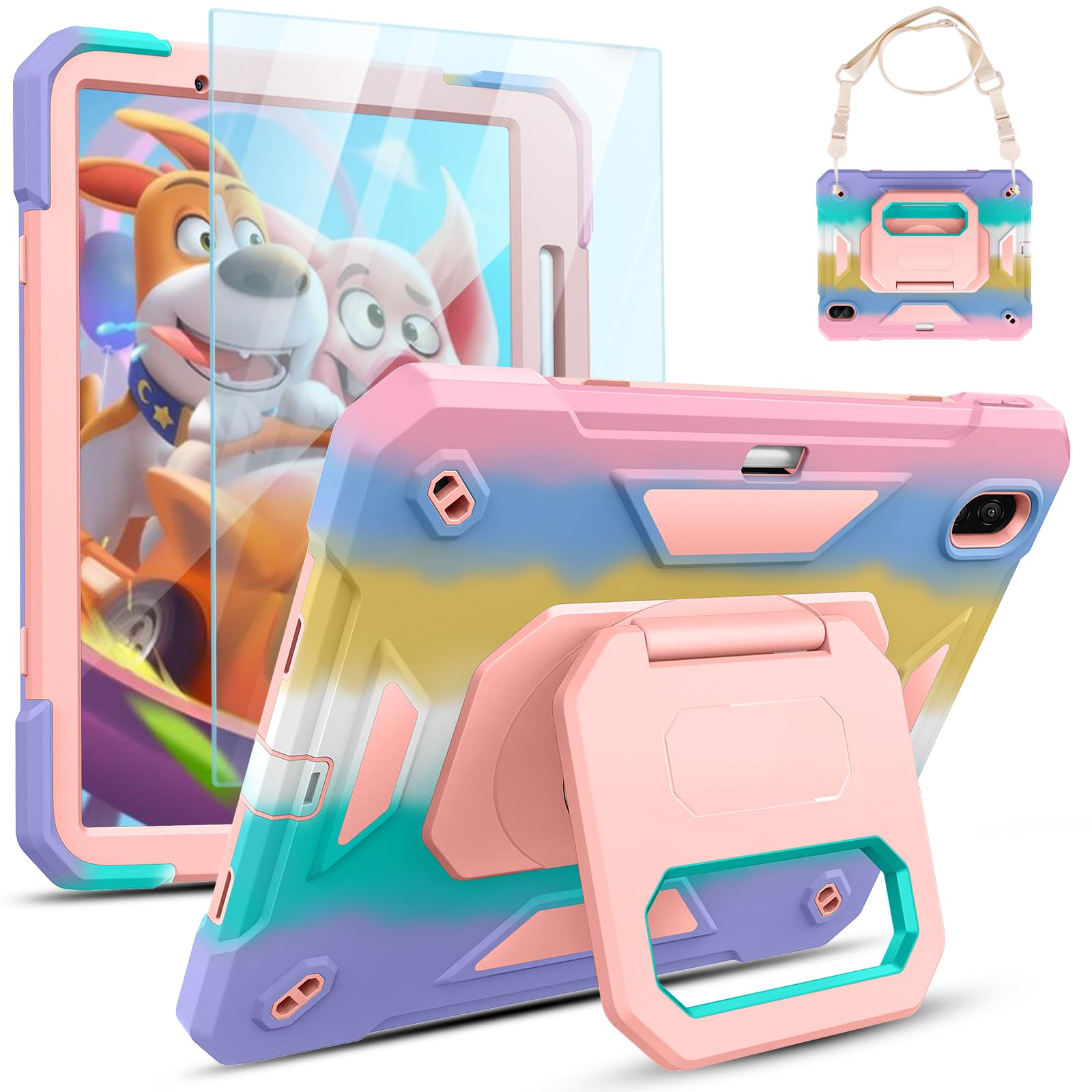 Photo 1 of KCJ for iPad Air 11 Inch Case M3 2025 7th Generation & M2 2024 6th Generation, with Tempered Glass Screen Protector,Rugged Protective Case with Folding Stand/Pencil Holder/Shoulder Strap (Rainbow)