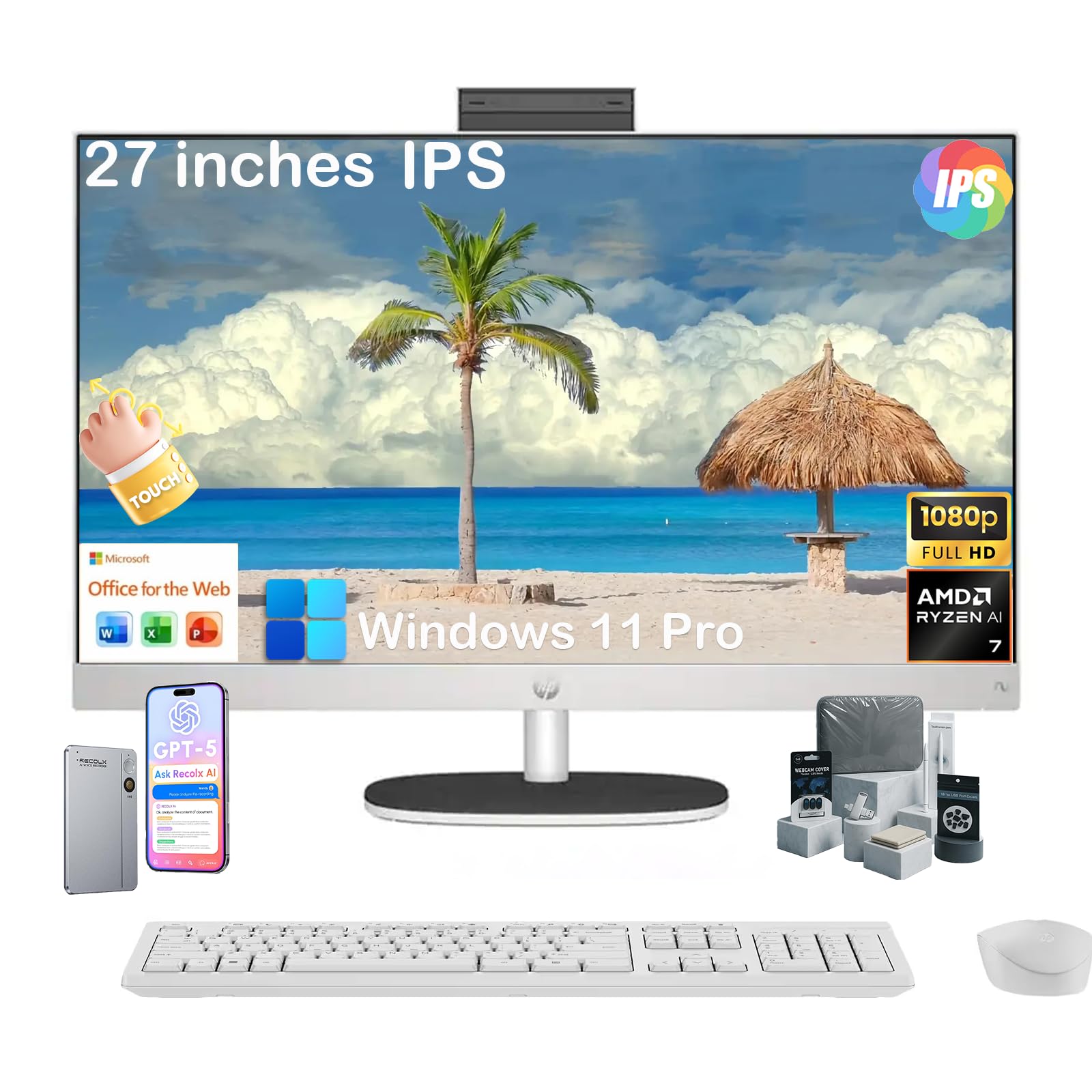 HP 27" Touchscreen All-in-One Desktop Computer, AMD Ryzen AI 7 350 (Up to 5.0GHz), 32GB DDR5 RAM, 2T SSD, FHD IPS Display, WiFi6, Bluetooth 5.4, Windows 11 Pro, Copilot+ AI PC, KB & Mouse, Accessories Image