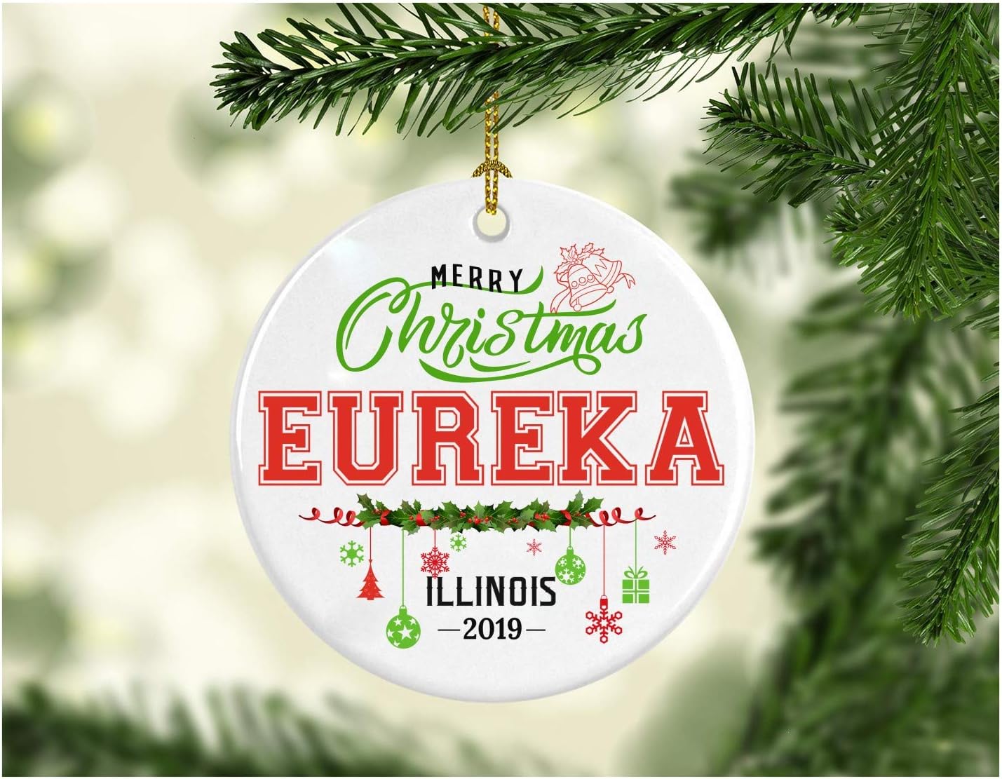 Christmas Decorations Tree Ornament - Gifts Hometown State - Merry Christmas Eureka Illinois 2019 - Gift for Family Rustic Christmas Tree Ceramic 3 Inches White