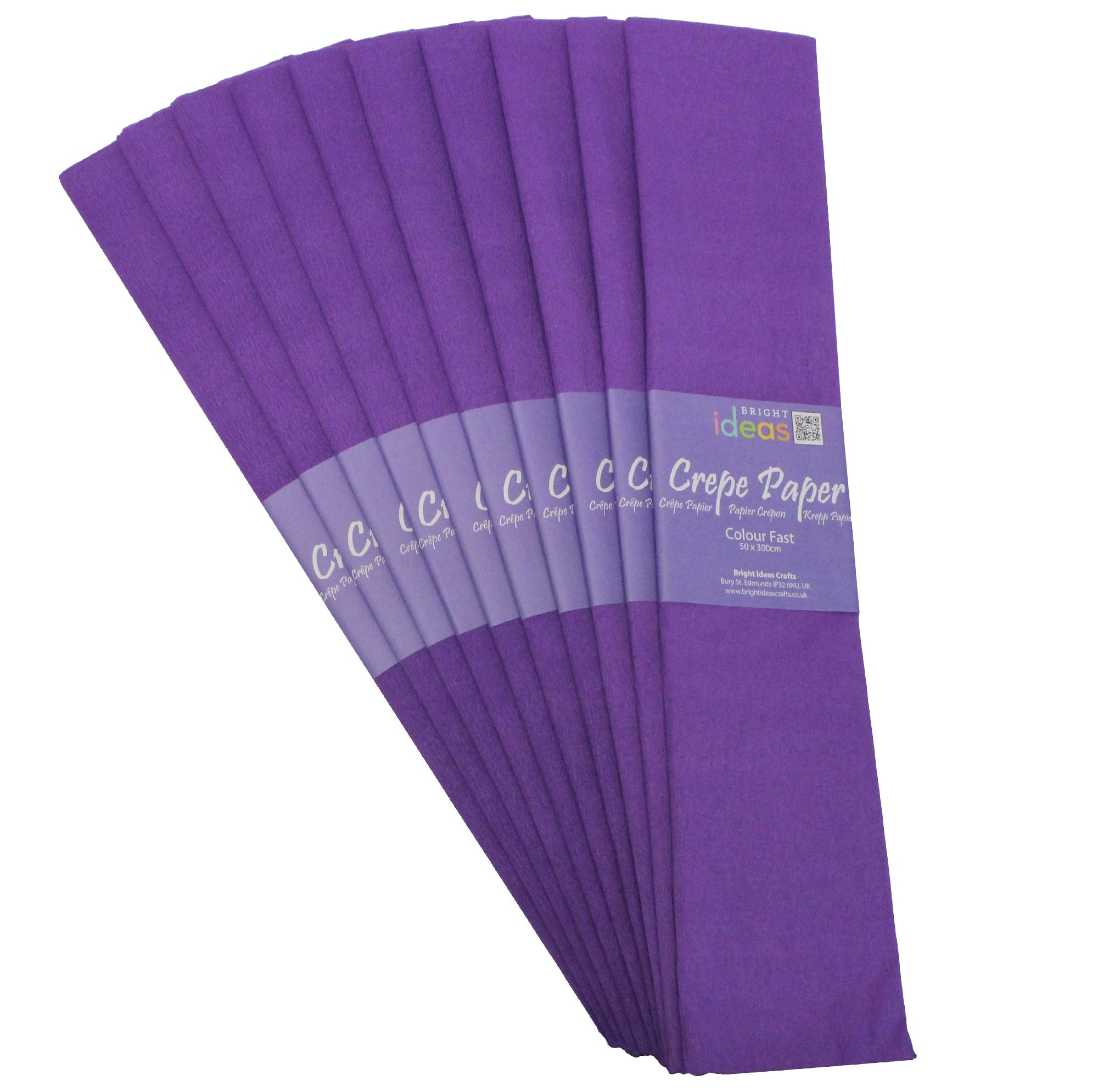 Bright Ideas Crepe Paper Sheets – Purple. Sheet Size: 50cm x 3m, Pack of 10 Folds. 17gsm, 40% Stretch, Colourfast and Acid Free. Ideal for Flower Making, Gift Wrapping and Arts & Crafts.