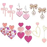 6 Pairs Valentine's Day Earrings for Women Valentines Heart Bow Earring Stud Holiday Dangle Earrings Bulk for Women Holiday Jewelry Gifts for Women