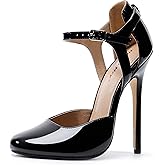 HAOZHAOTOU Unisex Men's Women's Round Toe High Heels Stiletto Patent Leather Heels Ankle Strap Pumps Dress Party Shoes