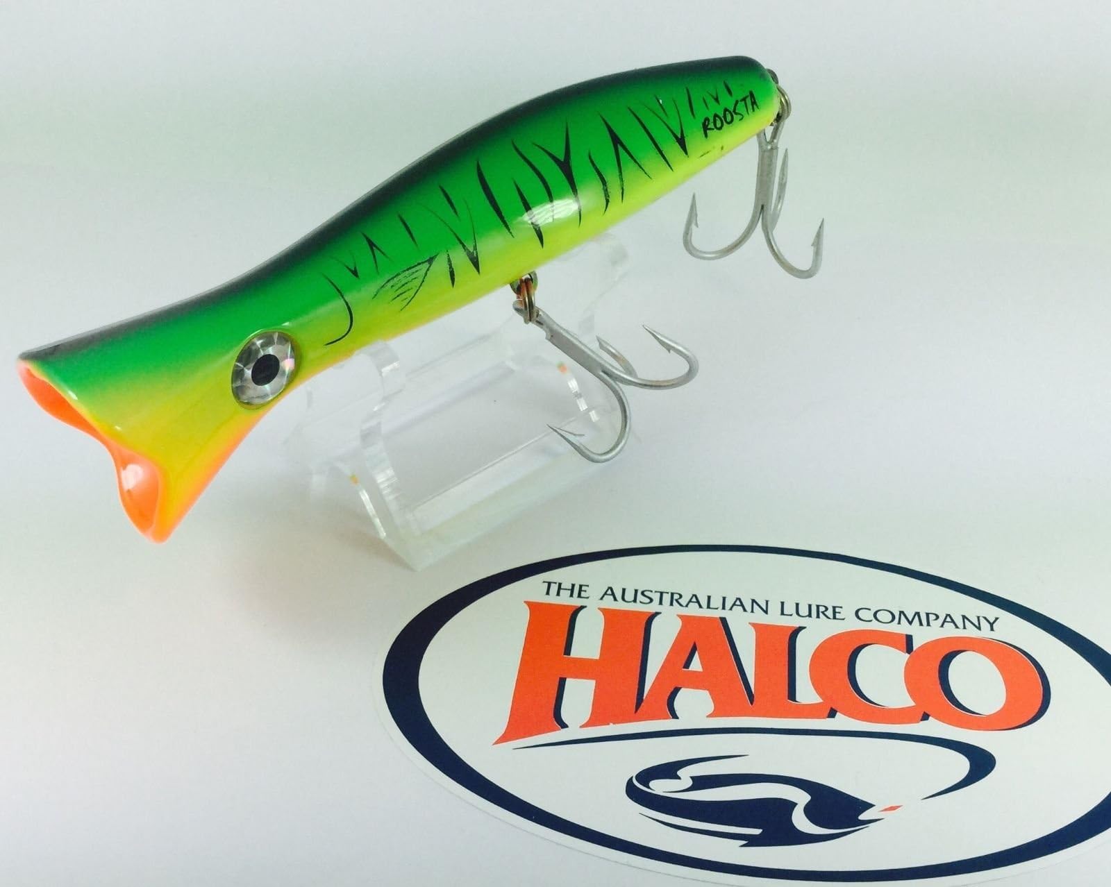 IRRESISTIBLE TOPWATER LURE BY HALCO "ROOSTA POPPER 160", color H52 FLUORO GREEN