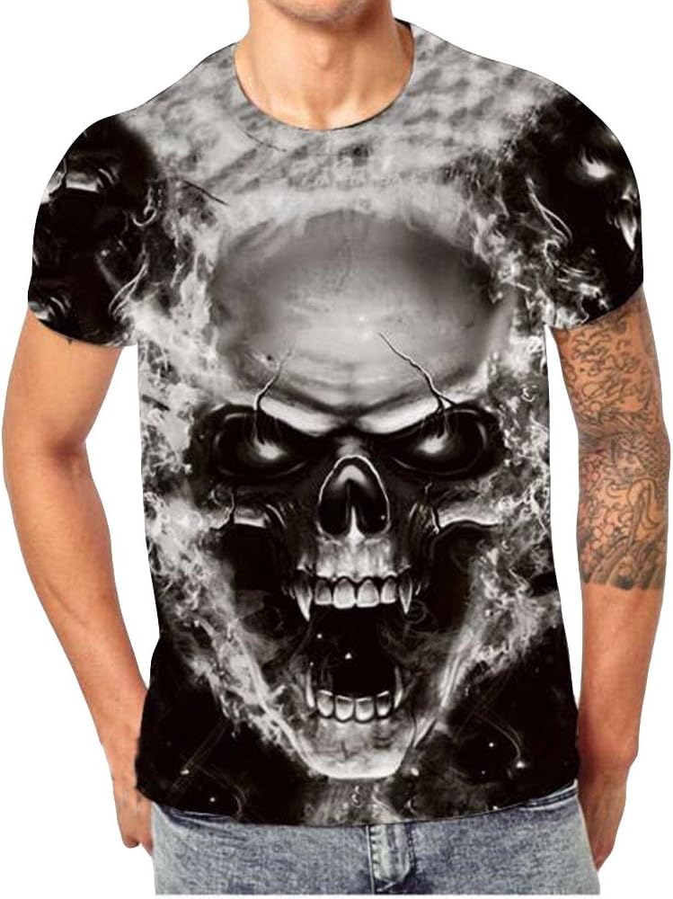 Quistal Men's Fashion 3D Skull Print Tees Shirts Round Neck Short Sleeve Casual T-Shirt Tops