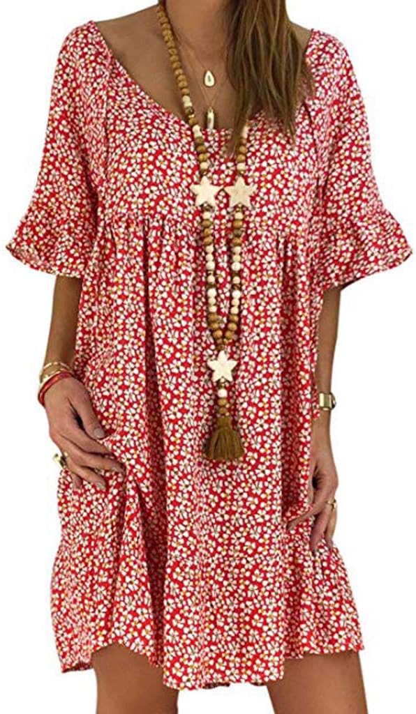 Women Ladies Round Neck Ruffle Short Sleeve Print Chiffon Loose Dress Plus Size Boho Mini Dress
