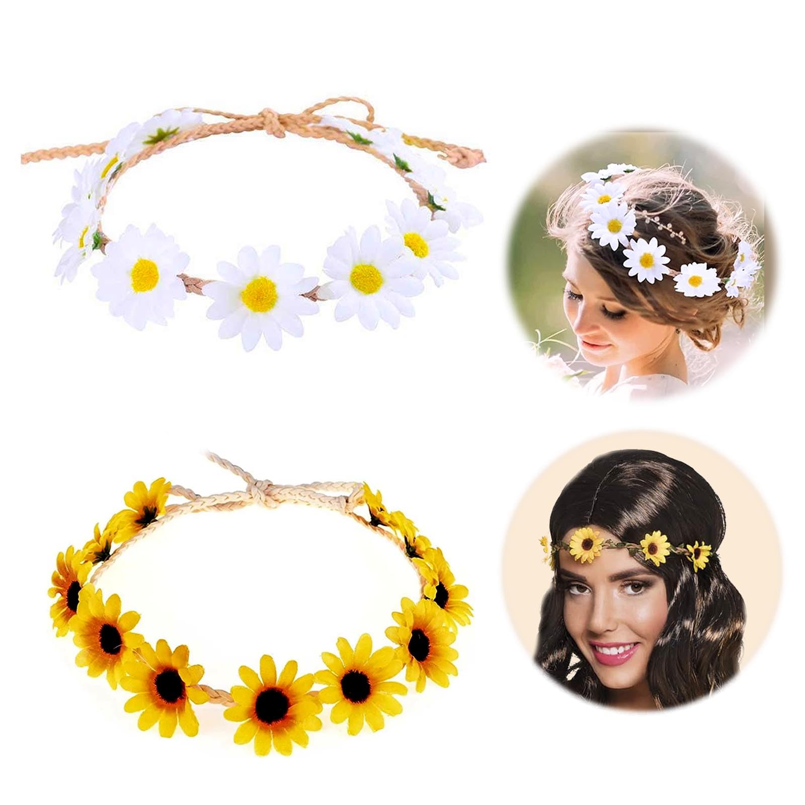 GWAWG 2Pcs Daisy & Sunflower Flower Headband Crown Boho Floral Hair Wreath - Adjustable Headpiece for Women & Girls - Wedding, Beach, Festival