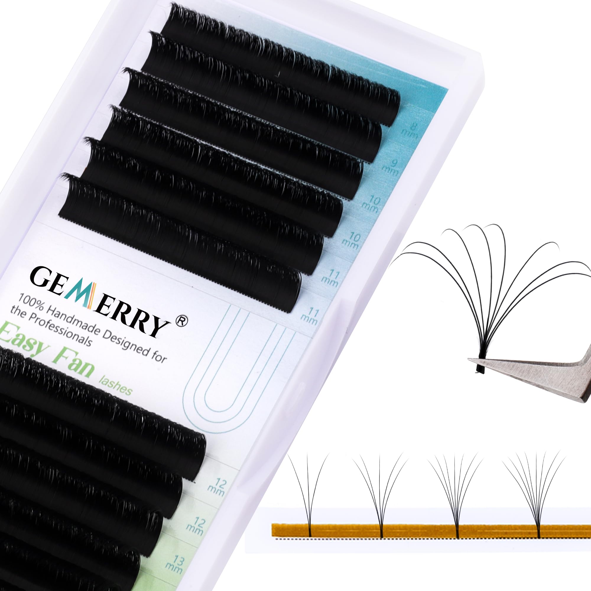Gemerry Easy Fan Lash Extensions D curl 0.10mm 8-14mm Mixed Tray Noir Russian Volume Automatic Blooming Self Fanning Lashes Long Individual Volume 3D 4D 5D 6D 8D Lash Fan (0.10-d curl-mix 8-14mm)