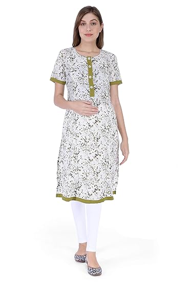 Women's Cotton Parmesan Beige & Pear Green Maternity/Feeding Kurti