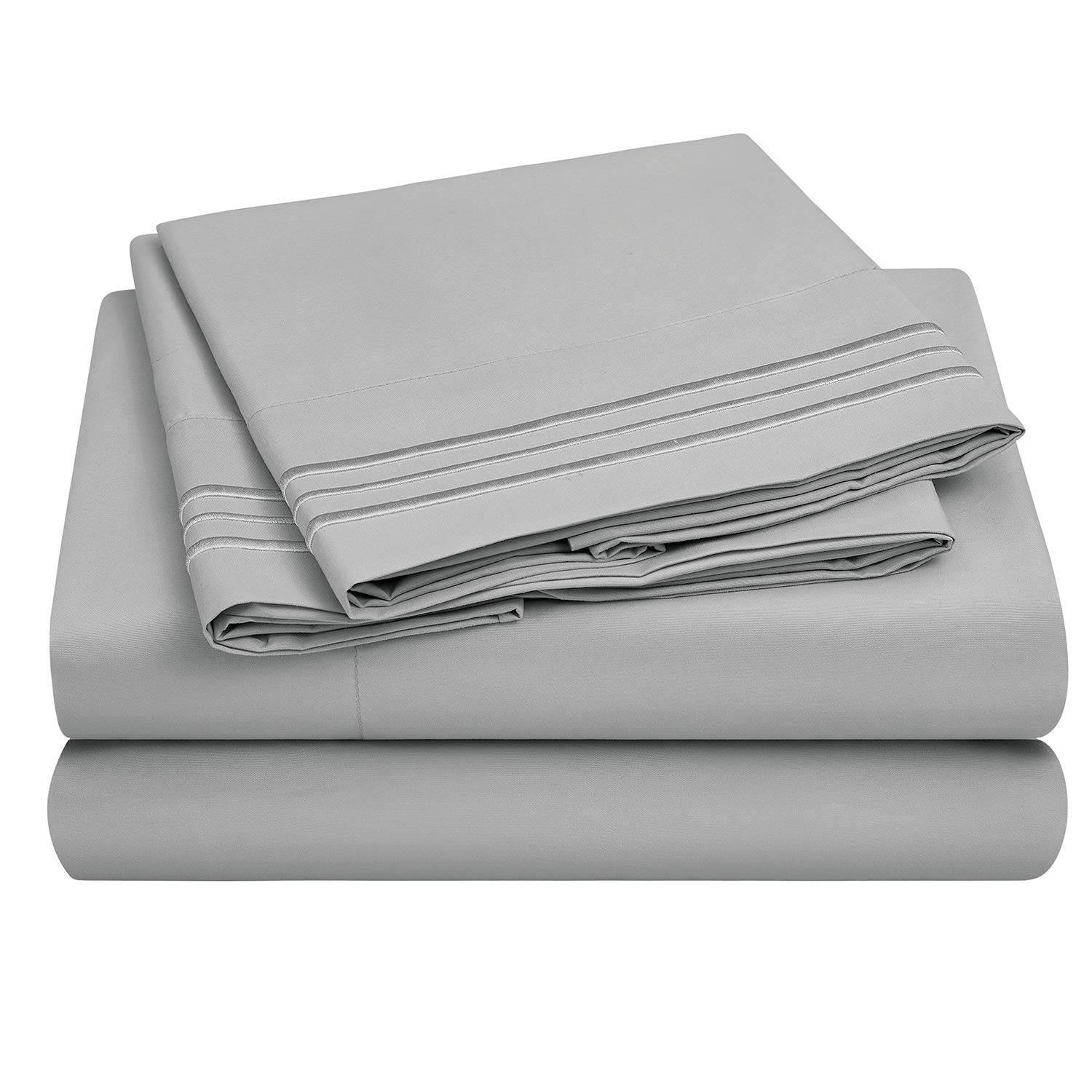 HOMEIDEAS 4 Piece 3-Line Embossed Bed Sheets Set Extra Soft Brushed Microfiber 1800 Bedding Sheets Deep Pocket, Wrinkle & Fade Free (King, Light gray)