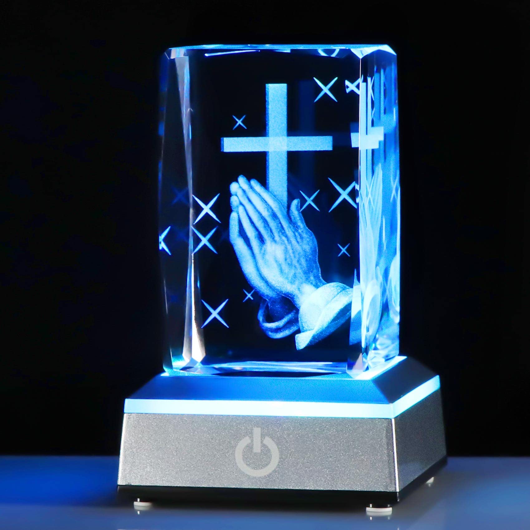 Ornalrist 3D Crystal Engrave Praying Hand Christian Gifts for Women Men Religious Gifts Glass Keepsake with Colorful LED Light Stand Decorative Ornaments