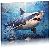 Shark Wall Art Great White Shark Animal Poster Life-Like Sea Creature Wall Poster Framed For Bathroom Living Room Bedroom Office Ready to Hang 12
