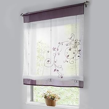 Thinkbay Stickblume Gardine Raffgardinen mit 4 Farben und 4 Groessen Vorhang BxH 60cmx120cm Violett