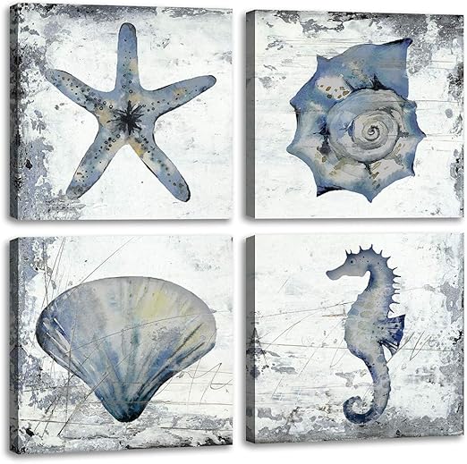 Amazon Com Bathroom Wall Decor Farmhouse Rustic Dark Blue Sea Creatures Shell Starfish Conch Seahorse Pictures Poster Watercolour On Black And White Abstract Wall Art Kitchen Theme Sets Nautical Decorations Everything Else