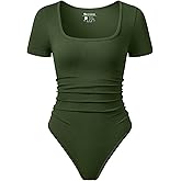 OQQ Women Bodysuits Ruched Short Sleeve Square Neck Stretch Lounge Travel Bodysuits