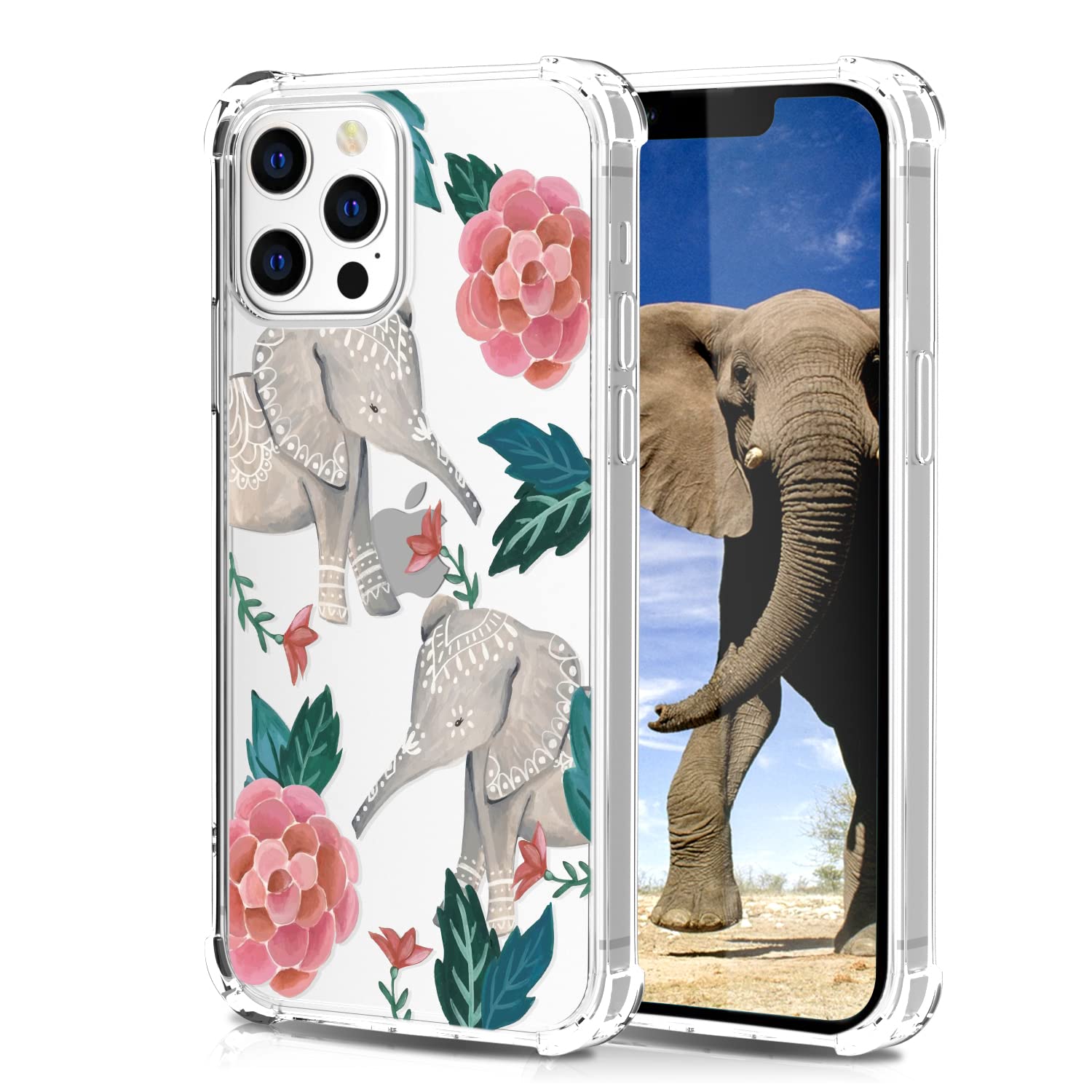 CAROKI Clear Case for iPhone 13 Pro, Transparent Shockproof Slim Fit TPU Bumper Protective Cover - Elephant Flower — image 1