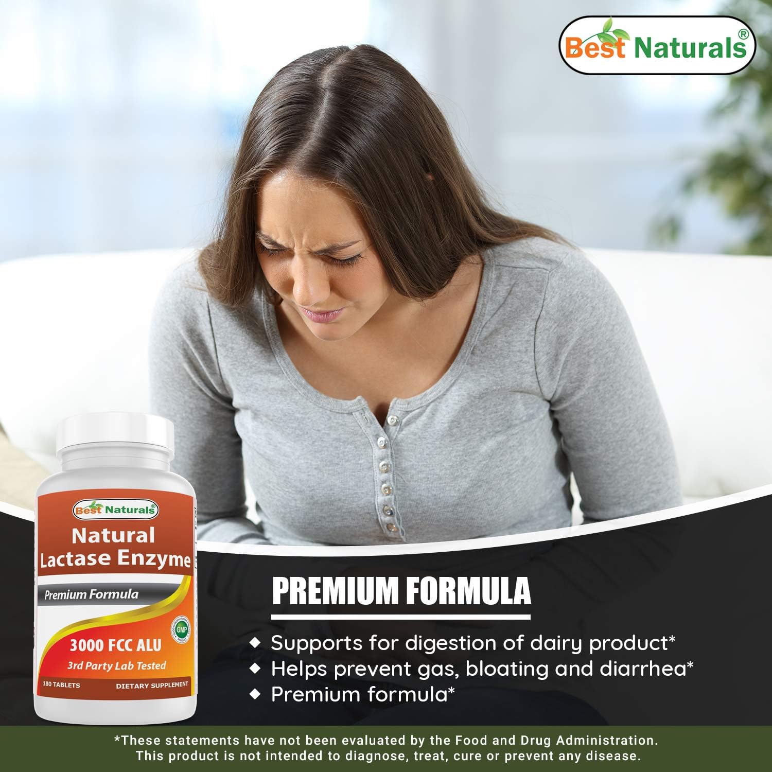 Best Naturals Fast Acting Lactase Enzyme Tablet, 3000 Fcc Alu, 180 Count (859375002900): Health & Personal Care
