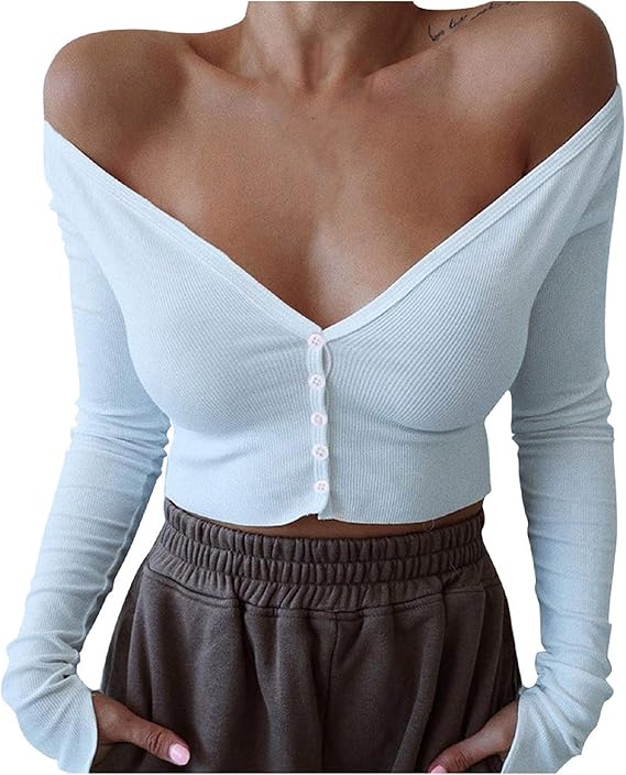 Womens Henley V Neck Ribbed Knit Cropped Sweater Tops Long Sleeve Slim Shirt Blouse Top White at 