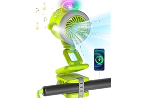 SUNOONY Portable Stroller Baby Fan, 5000mAh Battery Operated Clip Baby Bluetooth 5.1/Colorful LEDs/Flashlight, 5 Speeds 15H Work Time 120° Auto Oscillating Desk Cooling Fan for Car Seat Crib Travel