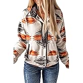 SELINK Womens Fleece Jacket Western Aztec Print Long Sleeve Snap Button Down Shacket Jackets with Pockets