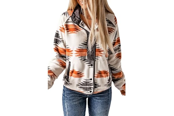SELINK Womens Fleece Jacket Western Aztec Print Long Sleeve Snap Button Down Shacket Jackets with Pockets