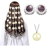 AWAYTR 3PCS Women Hippie Costume Set - 70s Boho Flower Headband, Gold Peace Sign Necklace, Daisy Sunglasses