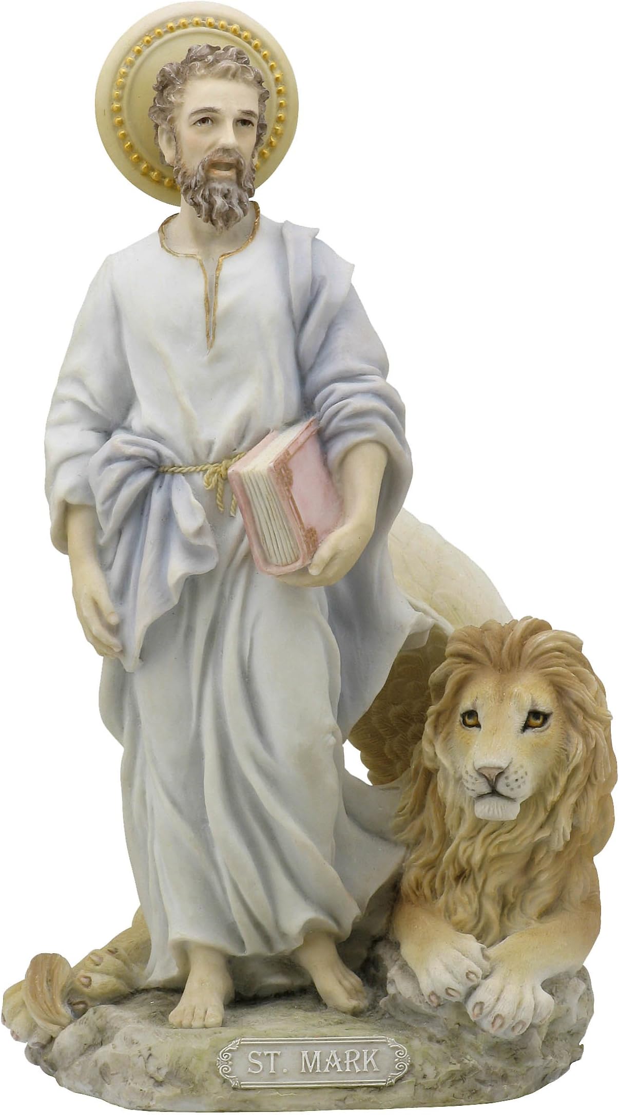 Saint St Mark The Evangelist with Lion Light Color 8 3/4 Inch Stone Statue Religious Figurine