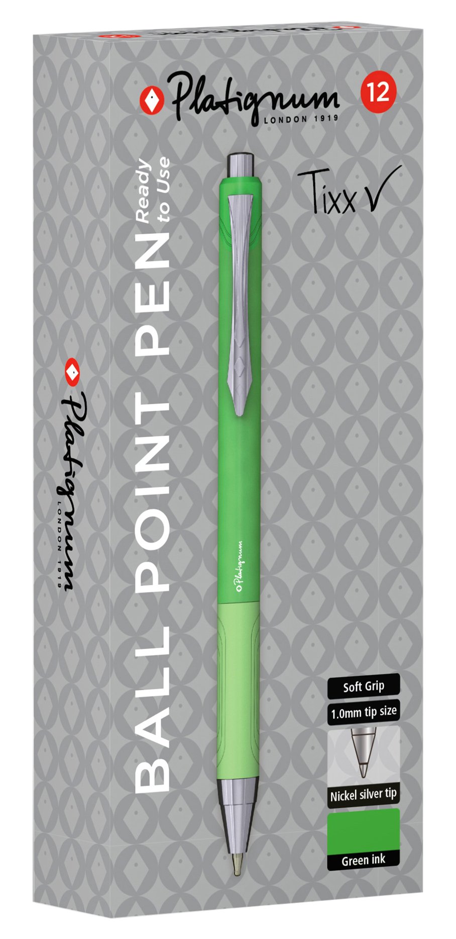 Platignum Tixx Green Ballpoint Pen [Pack of 12] Soft Grip Barrel with Hybrid Gel Ink for Smudge-Free and Ultra-Smooth Writing [50491]