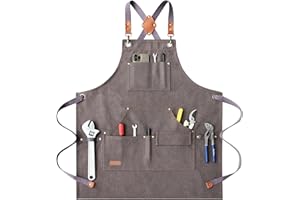 AFUN Work Aprons for Men with Large Pockets, Cotton Canvas Cross Back Heavy Duty Adjustable Tool Apron, Size M to XXL (Grey)