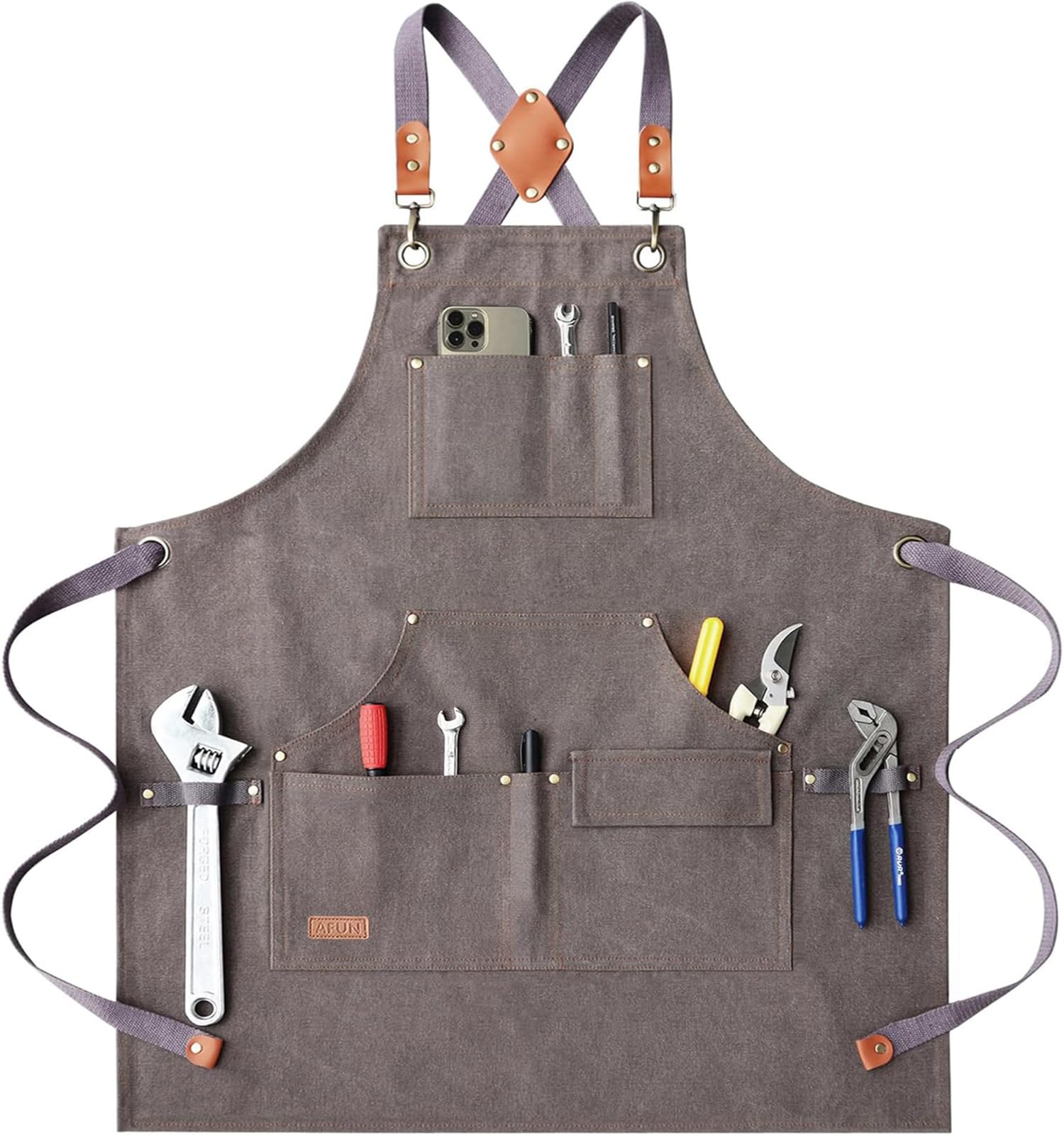 AFUN Work Aprons for Men with Large Pockets, Cotton Canvas Cross Back Heavy Duty Adjustable Tool Apron, Size M to XXL (Grey)