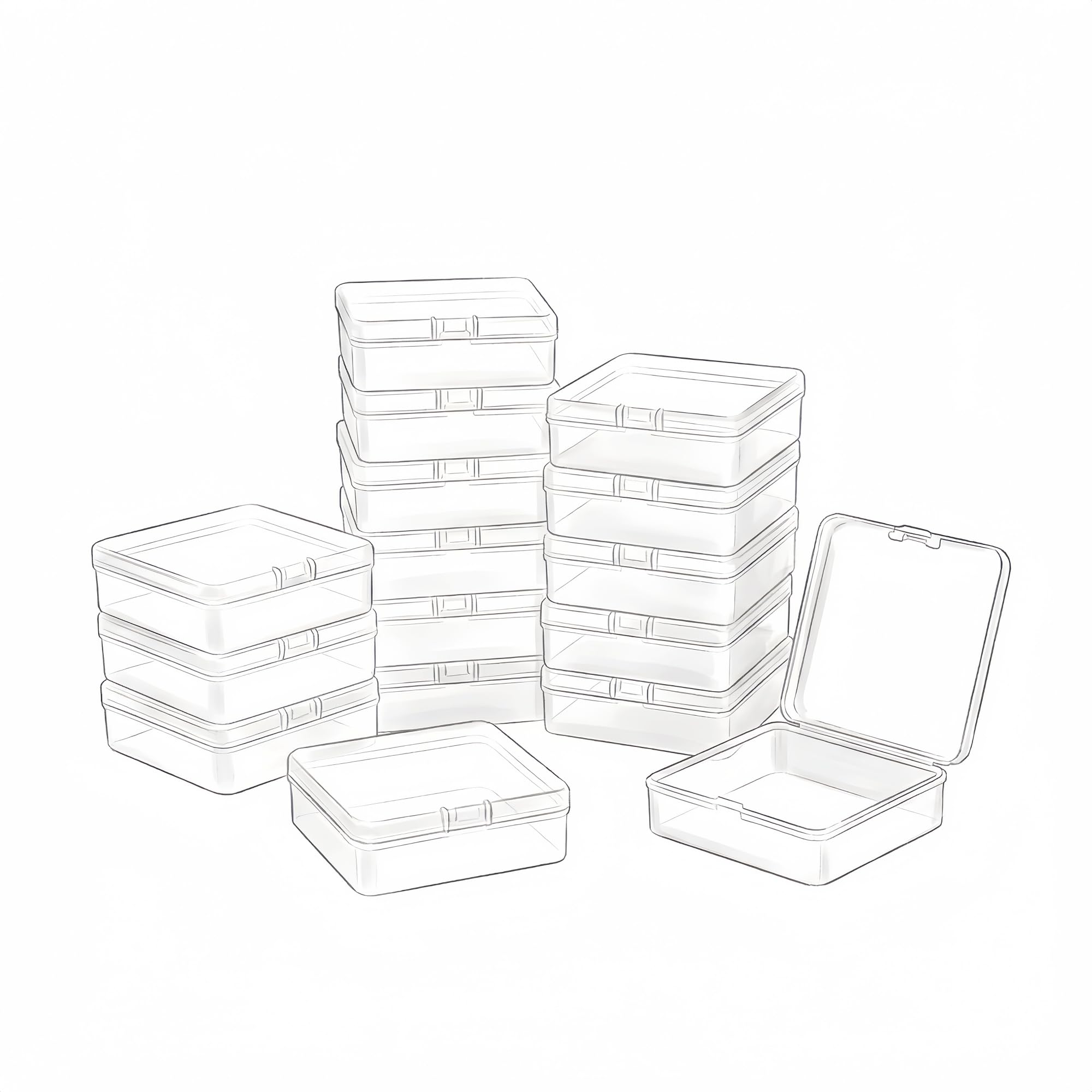 LJY 16 Pack White Transparent Mini Plastic Box with Hinged Lid, 8.5 x 8.5 x 2.8 cm - Square Small Storage Boxes for Beads, DIY Craft Storage and Hardware Organiser