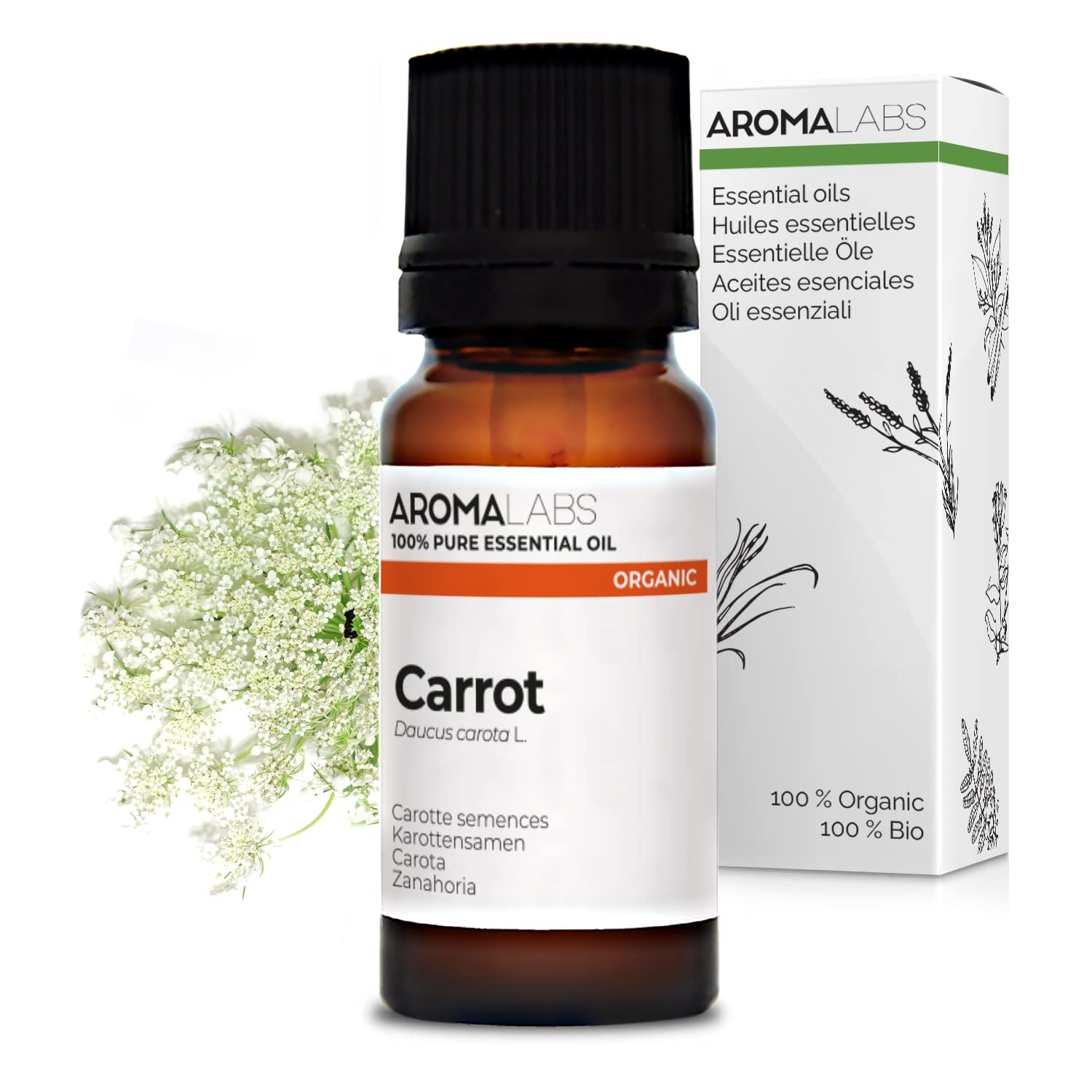 BIO - Carrot Essential Oil - 10mL - 100% Pure, Natural, Chemotyped and AB Certified - AROMA LABS (French Brand)