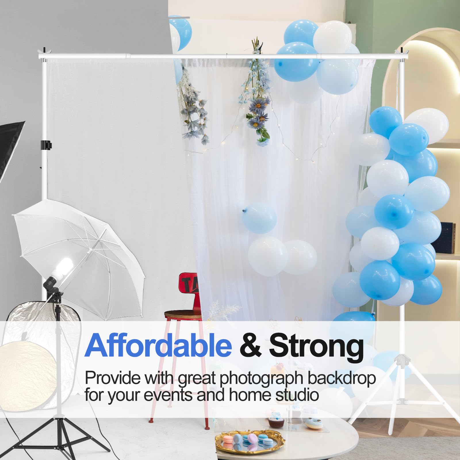 EMART Backdrop Stand 10x7ft(WxH) Photo Studio Adjustable Background Stand Support kit with 2 Crossbars, 8 Clamps, 2 Sandbags and Carry Bag for Parties, Events Decoration, Wedding, Photography -White