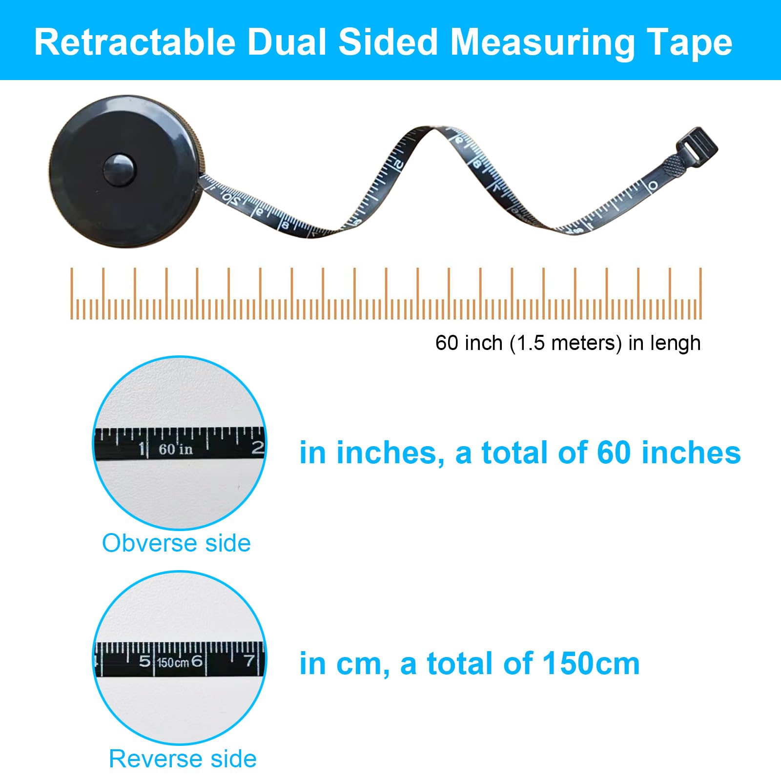 4 Pack Tape Measure Retractable Measuring for Body Fabric Sewing Tailor Cloth Knitting Craft Measurements, 60-Inch Soft Measuring Tape Double Scales Rulers for Body Weight
