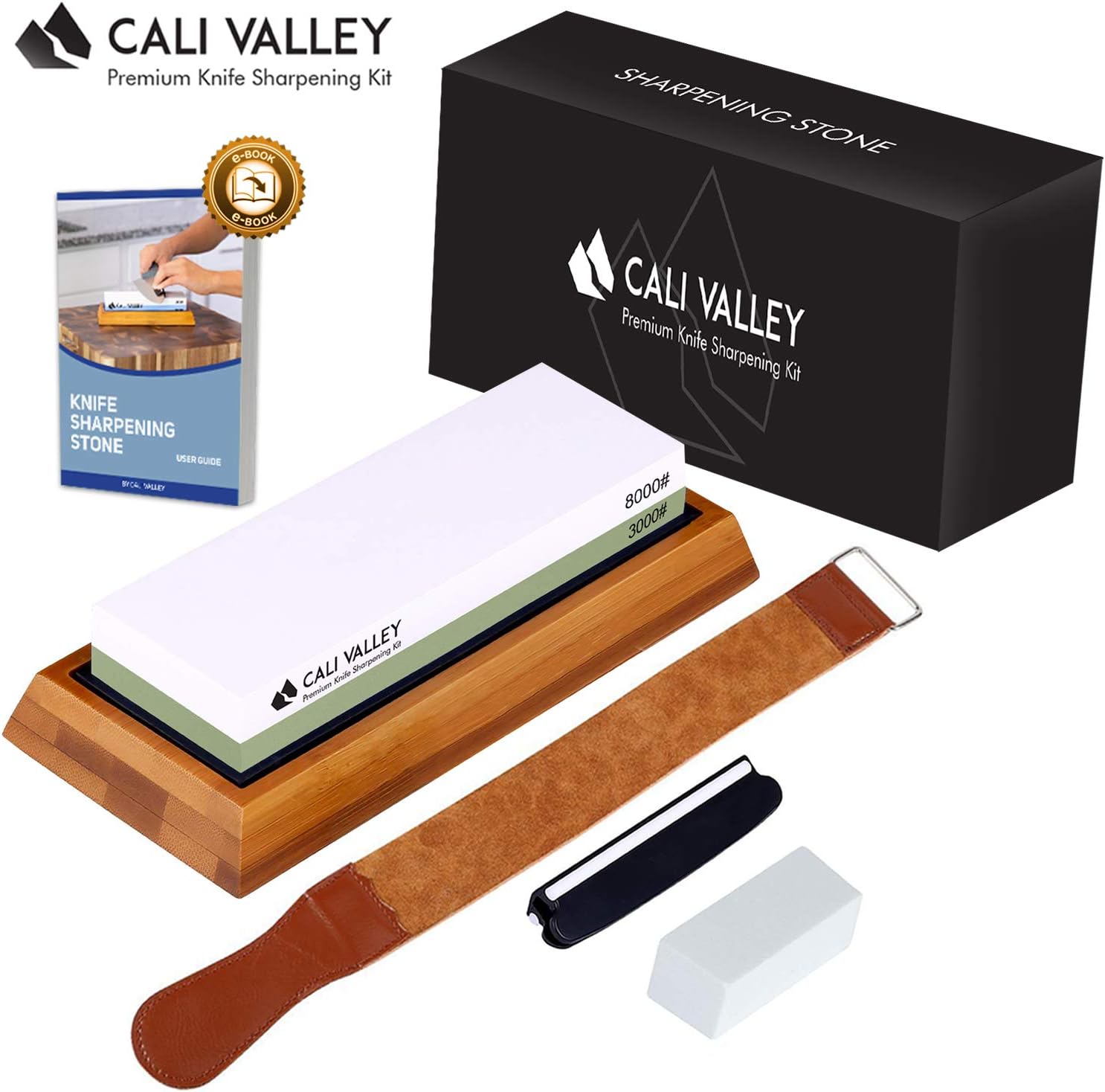 Cali Valley Whetstone 3000 8000 - Premium Professional Knife Sharpening Stone - Best Knife Sharpening Kit with Angle Guide, Flattening Stone & Leather Strop