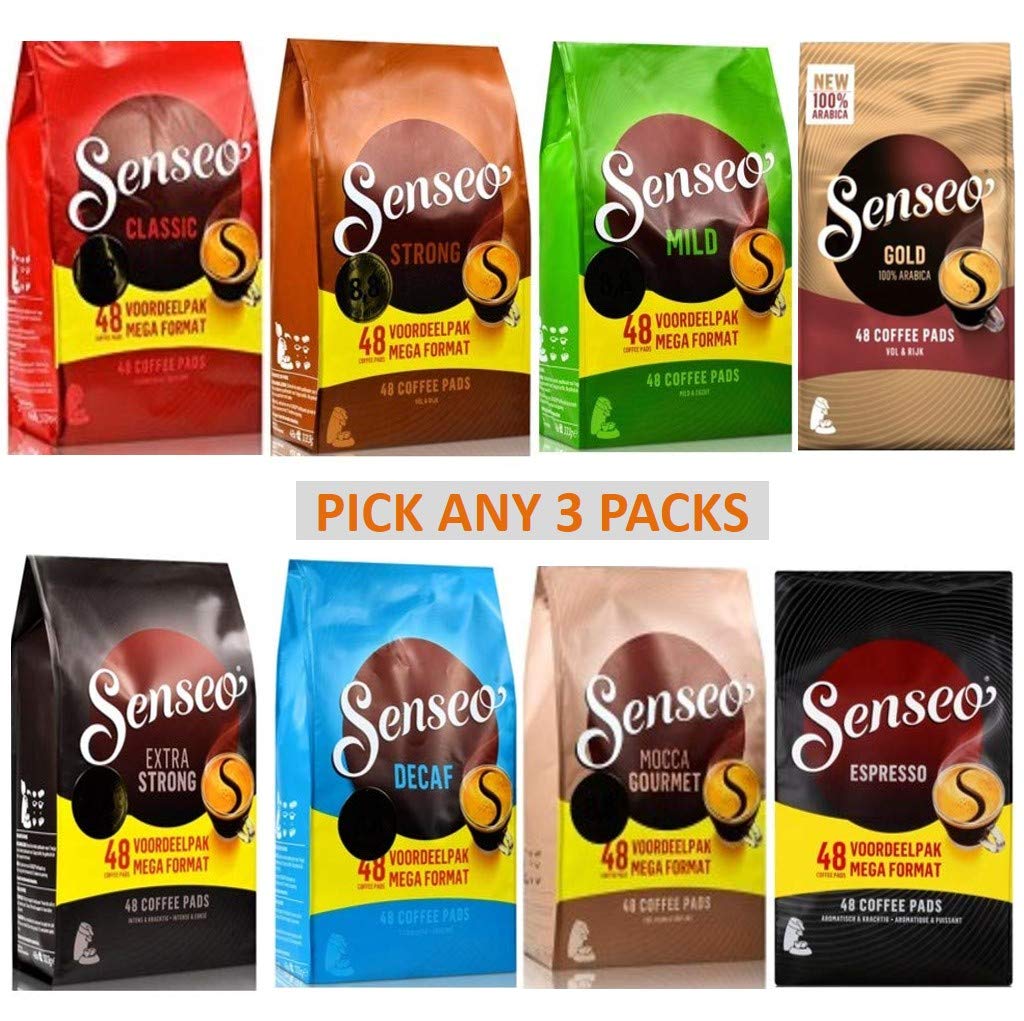 3 Senseo Coffee Packs. Pick Any 3 (48 Coffee Pods Per Pack). 7 Blends to Choose from Inc: Classic, Espresso, Strong, Extra Strong, Mocca, Mild, Decaf