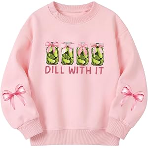 Oiiaayy Girls Pickles Sweatshirt Bow Graphic Pickle Lover Cute Hoodies Funny Sayings Kids Long Sleeves Crewneck Shirts