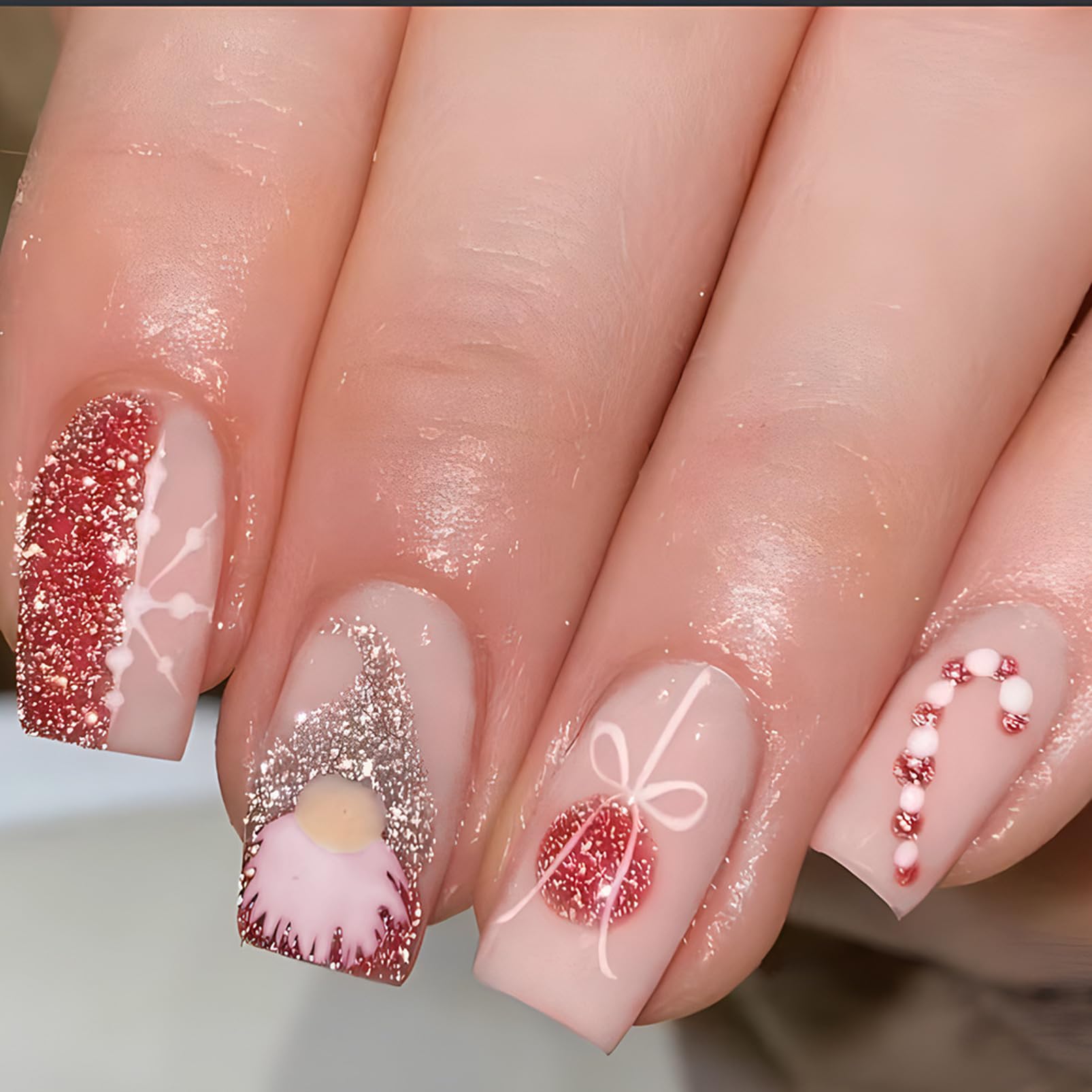 Christmas Fake Nails, Glossy Christmas Press on Nails Medium Long- Acrylic Square Stick on Nails - Gift Design Home Manicure Home DIY