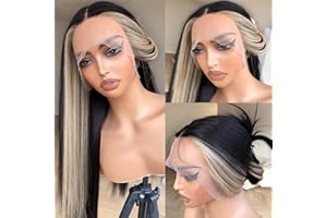 BrownBomb Skunk Stripe Wig Lace Front Wig Pre Plucked Ready to Wear, HD Glueless 13X5X1 Synthetic Lace Front Wigs for Women 180 Density 26inch, Black and Blonde Wig Skunk Stripe Effortless Chic