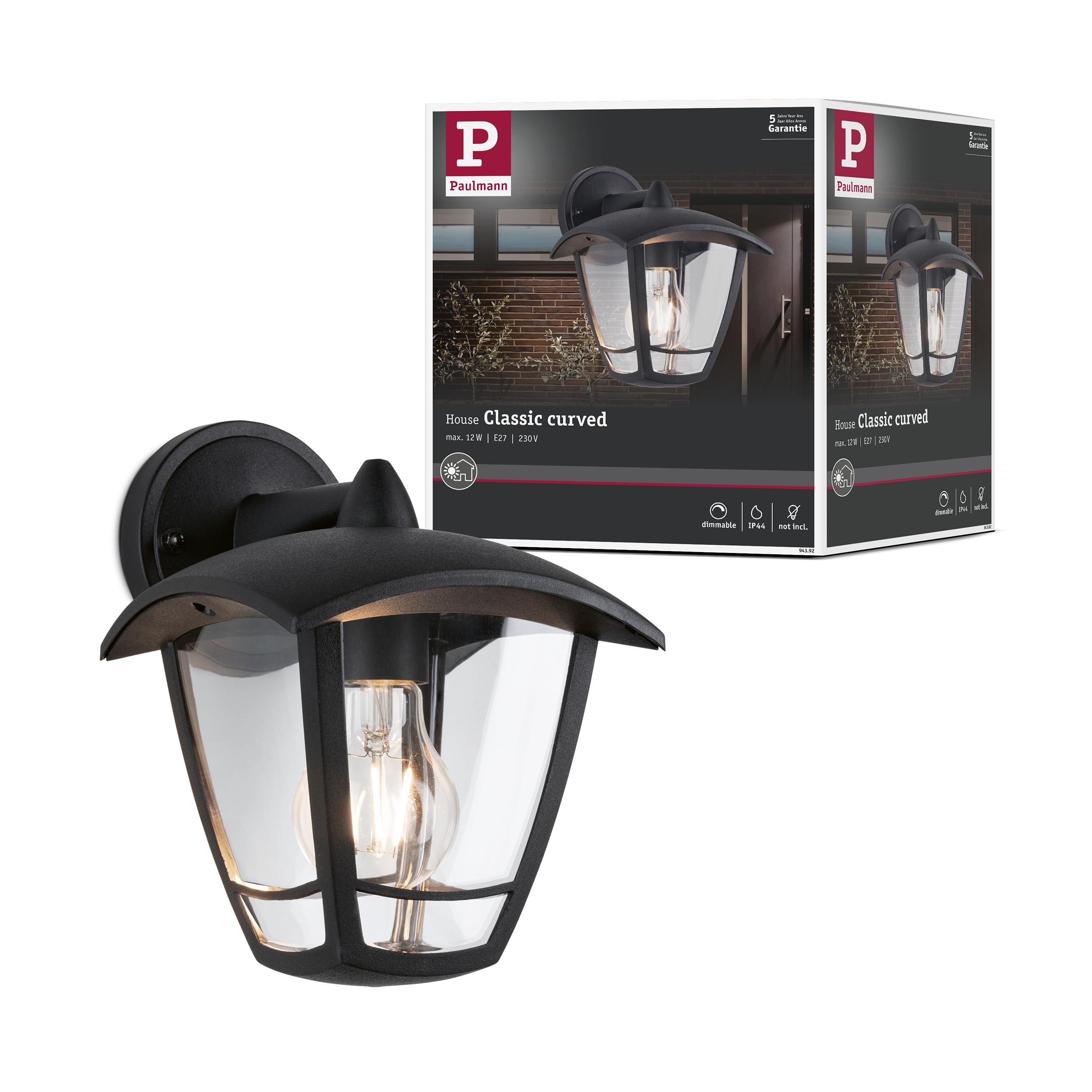 Paulmann 94392 Exterior luminaire Exterior Wall luminaire Classic Curved IP44 dimmable Outdoor Lighting Clear, Black Outdoor lamp Plastic Garden lamp E27