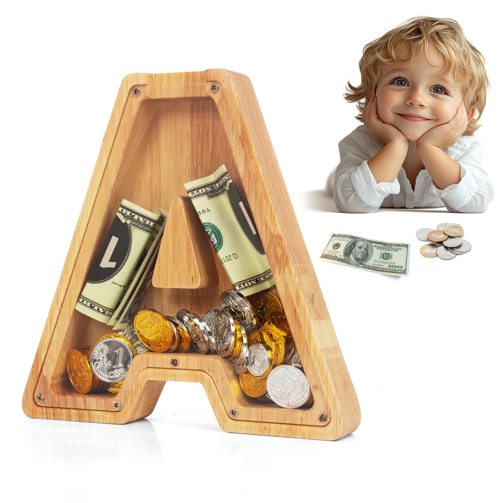 Photo 1 of WOODENFUN Wooden Letter Piggy Bank, 7 in Piggy Bank for Boys Girls Toddler, Alphabet Money Bank, Coin Bank Birthday Gift for Kids