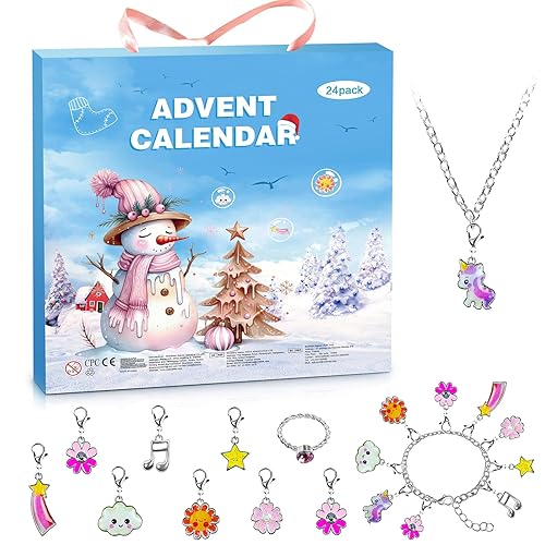 Jewellery Advent Calendar 2025 Girls Kids, 24 Days DIY Advent Calendar Cute Cartoon Children Teens Christmas Countdown Bracelet Ring Necklace Kit with Charm Pendant Birthday Party Surprise Gifts A