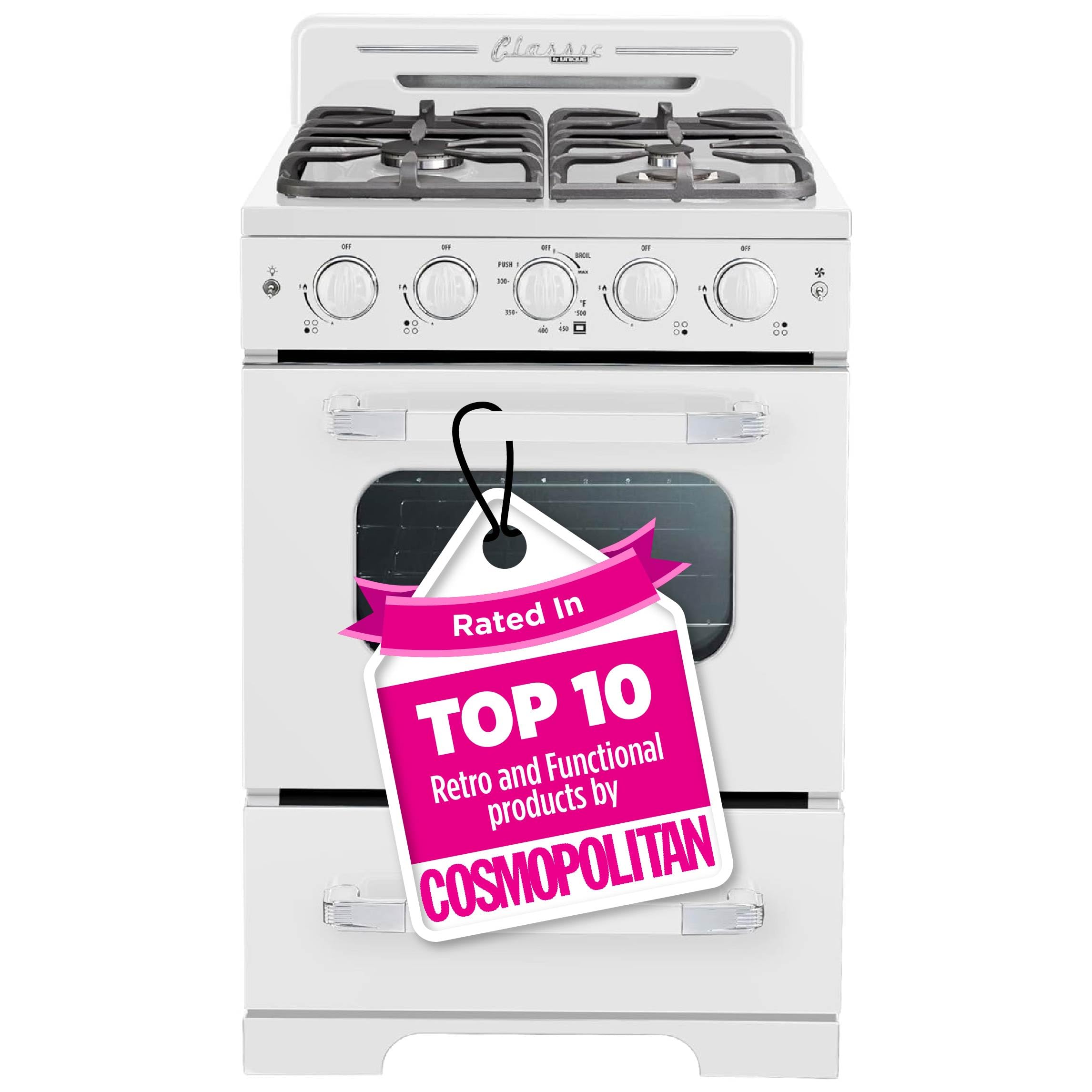 Unique Appliances Classic Retro Gas Range, Freestanding Gas Range with 4 Burners, Convection Oven, and Oven Light, 24″, Marshmallow White