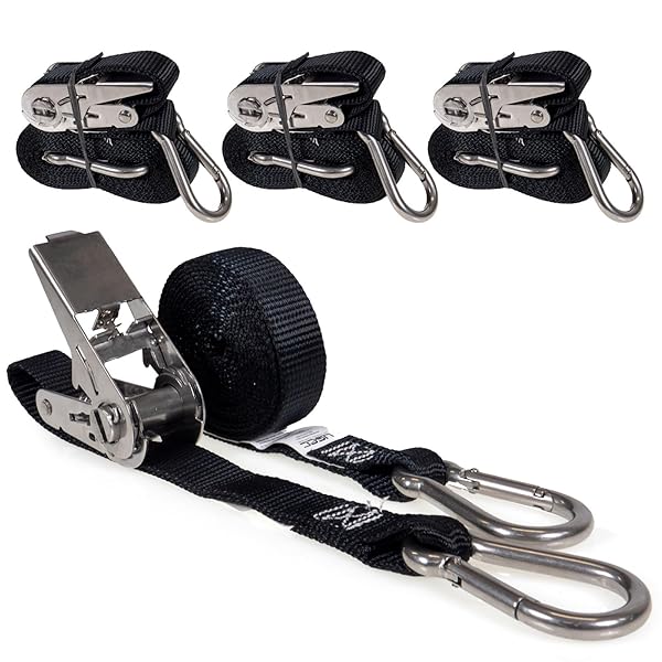 US CARGO CONTROL STAINLESS STEEL RATCHET STRAPS WITH CARABINER HOOKS 1″ X 10′ (4-PACK), 500 LBS BREAK STRENGTH, MARINE TIE DOWN STRAPS FOR BOATS, ATVS, TREES, CAMPING, SNOW & SALTWATER APPLICATIONS
