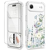 GVIEWIN for iPhone Air Case with Screen Protector, Upgraded [Full Camera Protection] [Non Yellowing] Floral Slim Shockproof Clear Women Phone Cover for iPhone 17 Air 6.5" (Aquilegia/White)