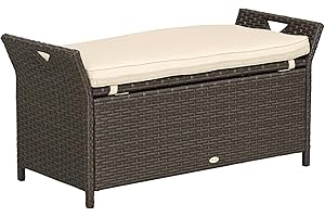Outsunny 2-in-1 Patio Wicker Storage Bench, 29 Gallon Outdoor PE Rattan Patio Furniture, Large Capacity Rectangle Basket Box 