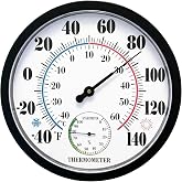 10" Indoor Outdoor Thermometer Hygrometer, Weatherproof Gauge (Black) | Battery-Free Mechanical Design, Large Bold Dial, &deg;F/&deg;C Dual Scale, Round Wall Mount, Fits Patio, Garden, Home