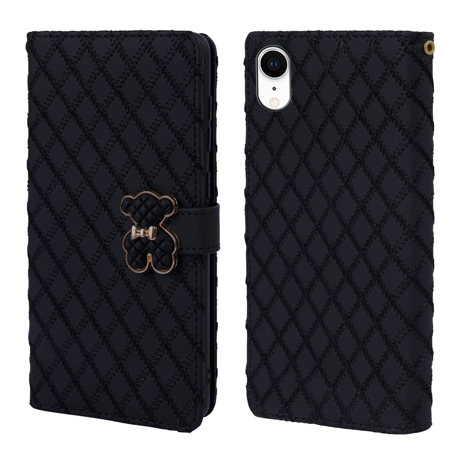 Tiyoo iPhone XR Phone Case with Card Holder, 3D Metal Bear Magnetic Closure, Embroidered Black Wallet Case for Girls(iPhone XR)